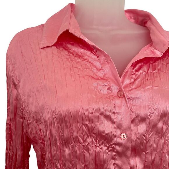 Y2K Satiny Barbiecore Pink Button Front Business Casual Blouse Top Shirt - Picture 2 of 4